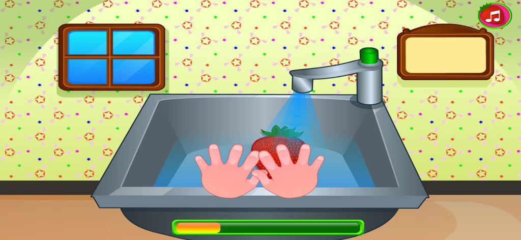 Cooking strawberry short cake - Hands washing a fresh strawberry in a kitchen sink in the cooking game