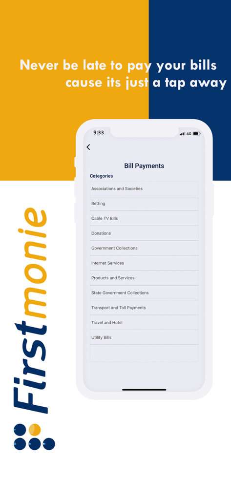 Firstmonie Wallet - Interface of the Firstmonie Wallet app showing a list of bill payment categories including utility bills and betting