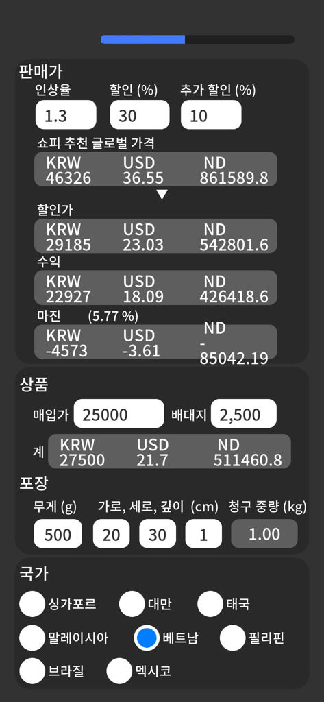 Shopee PriceTool - Mobile app interface for Shopee PriceTool showing international pricing and profit calculations