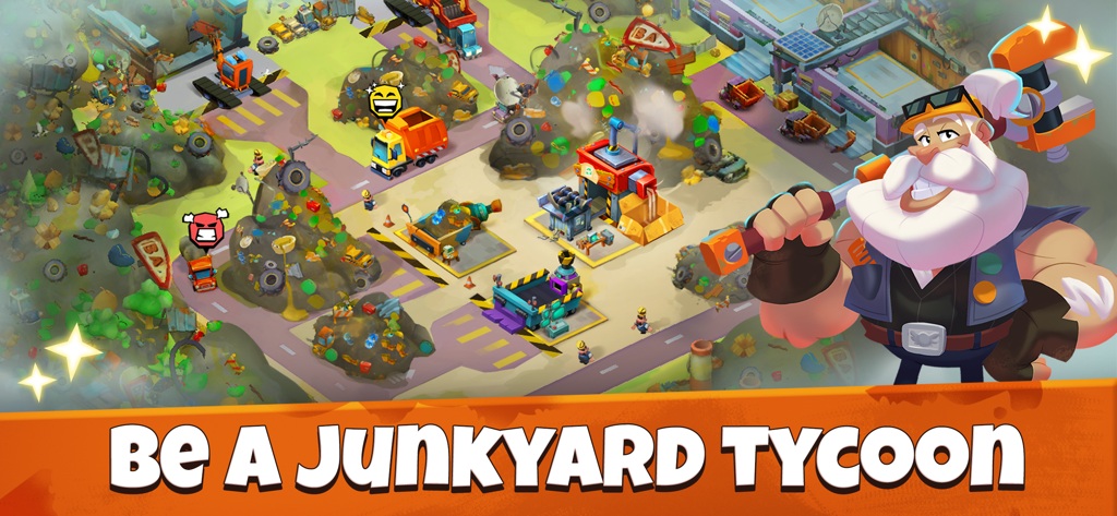 Idle Junkyard Tycoon: Be Rich! - Una vista aérea colorida de un ajetreado juego de gestión de depósitos de chatarra con camiones de reciclaje y maquinaria de procesamiento con un personaje de magnate de dibujos animados
