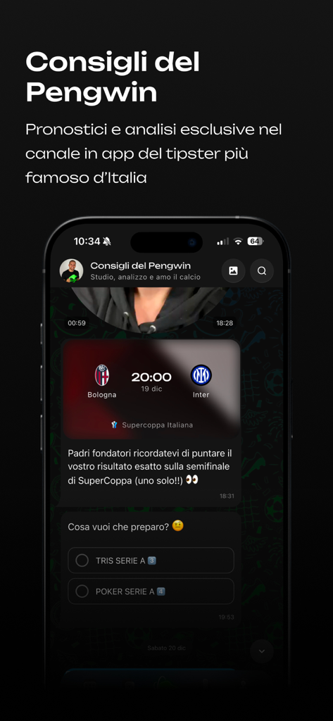 MondoPengwin app interface featuring exclusive soccer predictions and polls from influencer Kristian Pengwin