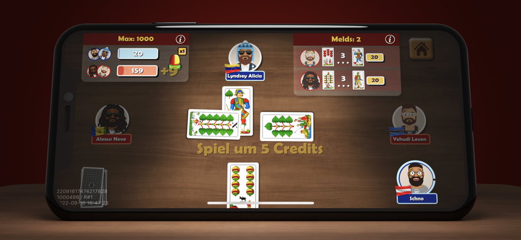 Multiplayer gameplay of Jassen Online Schieber Jass featuring traditional Swiss card suits on a mobile screen