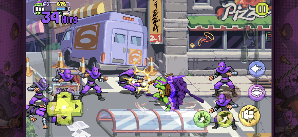 TMNT:Shredder’s Revenge Mobile - 레트로 픽셀 아트 도시 거리에서 Foot Clan 닌자들과 싸우는 Donatello.