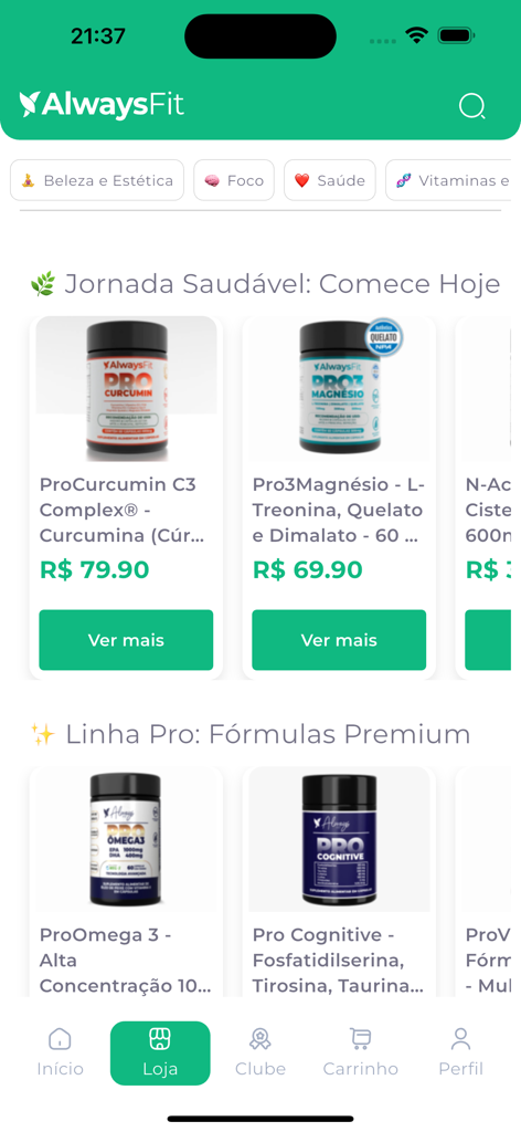 Always Fit - Viva mais - Interfaccia dell'app mobile Always Fit che mostra un catalogo di integratori per la salute e la longevità.