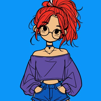 girl with a messy ponytail glasses a baggy crop top and jean shorts