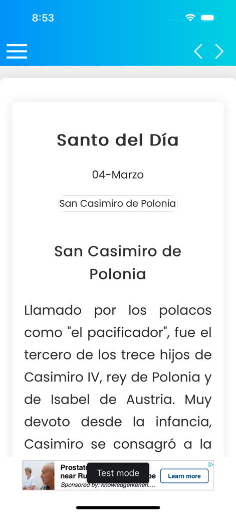 Evangelio del dia Explicado - Screenshot dell'app Evangelio del Dia Explicado che mostra la biografia del Santo del Giorno per San Casimiro di Polonia.