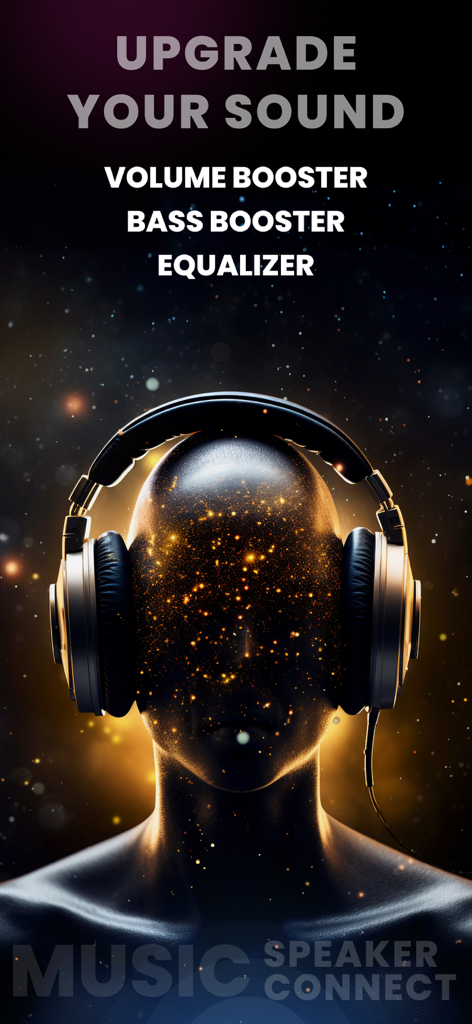 Promo-Grafik für die Volume Booster App, die eine Person mit Kopfhörern und leuchtenden Audioeffekten zeigt