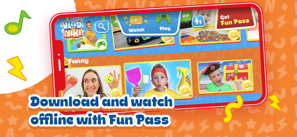 Vlad & Niki - games & videos - Interface of the Vlad and Niki app promoting the offline viewing feature with a Fun Pass