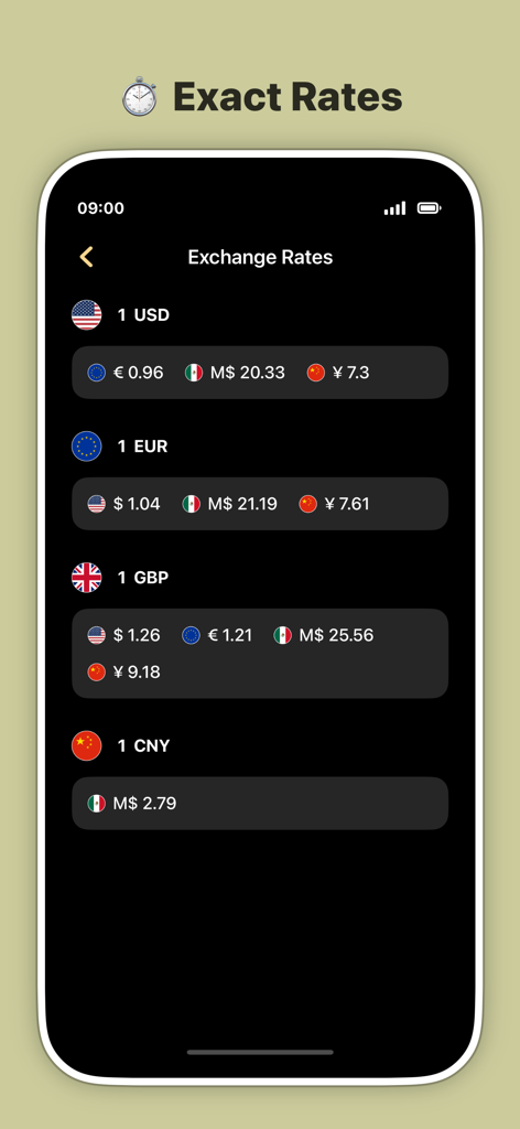 Interface showing exchange rates for USD EUR GBP and CNY on a smartphone