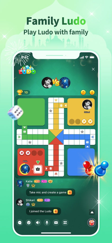 A screenshot of the Famy app showing users playing Ludo together with profile avatars and a live chat window.