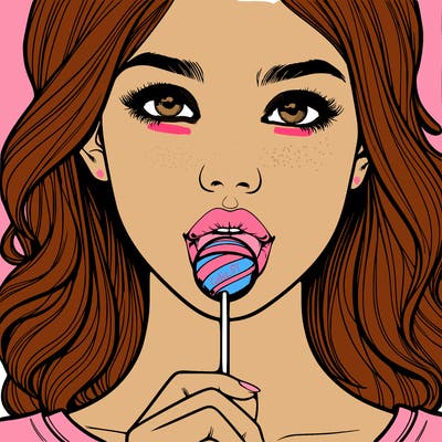 a realistic girl with a lollipop in her mouth
