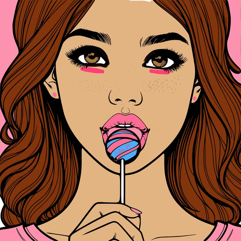 a realistic girl with a lollipop in her mouth
