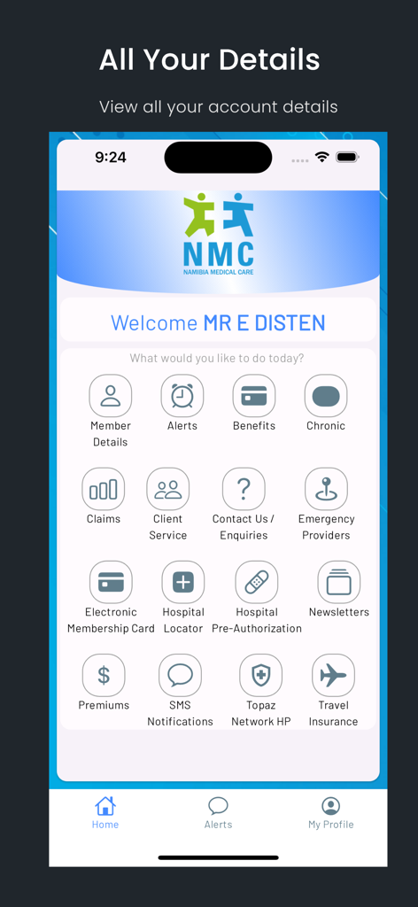 Main dashboard of the Namibia Medical Care app showing various medical aid services and account details