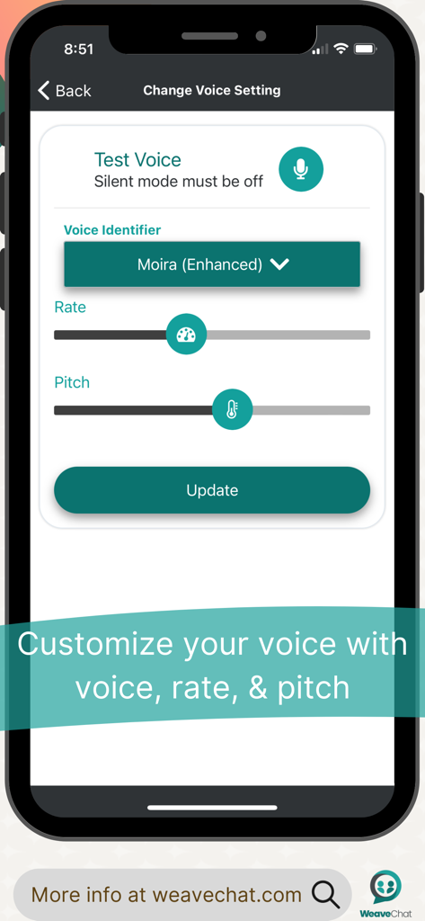 Weave Chat AAC - Weave Chat AAC app screen for customizing voice identifier speech rate and vocal pitch