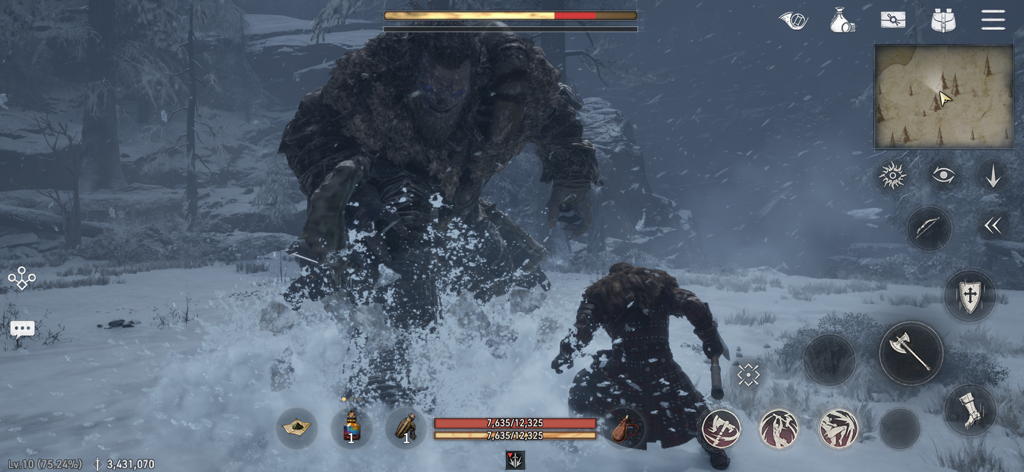 A player character engaging in manual combat against a massive giant in a snowy landscape from Game of Thrones Kingsroad