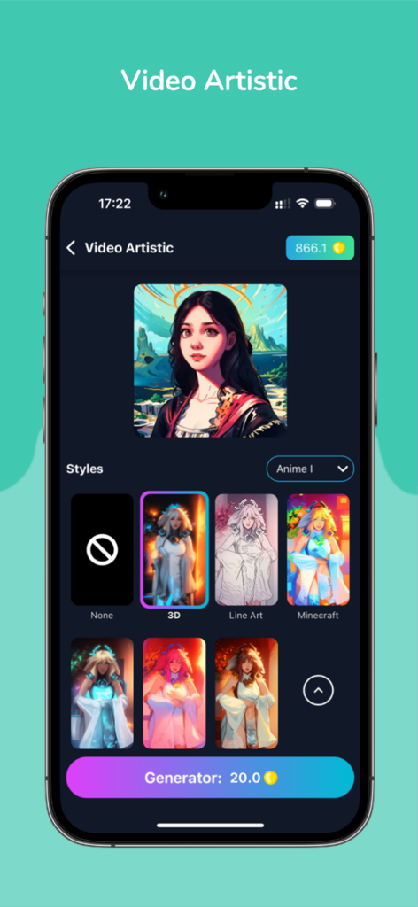 Video AI - Inspire.AI - Mobile app interface for Video AI Inspire showing various artistic filters like 3D and Line Art for image transformation.