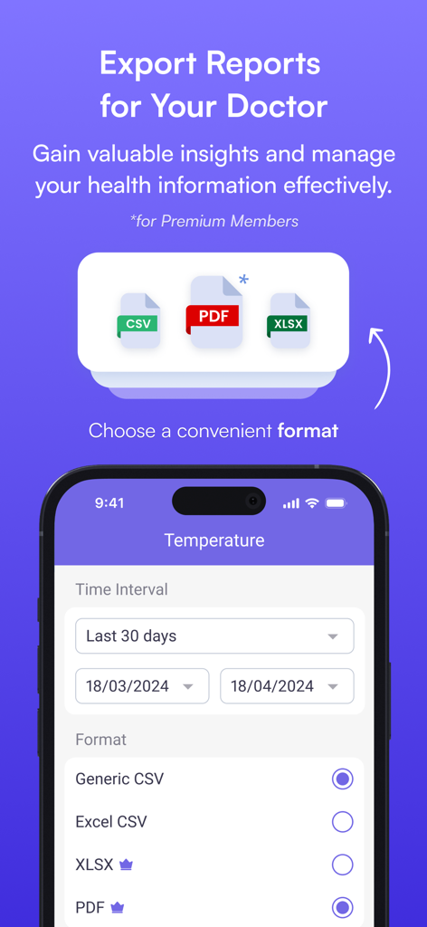 MedM app interface for exporting body temperature reports in PDF, CSV, and Excel formats