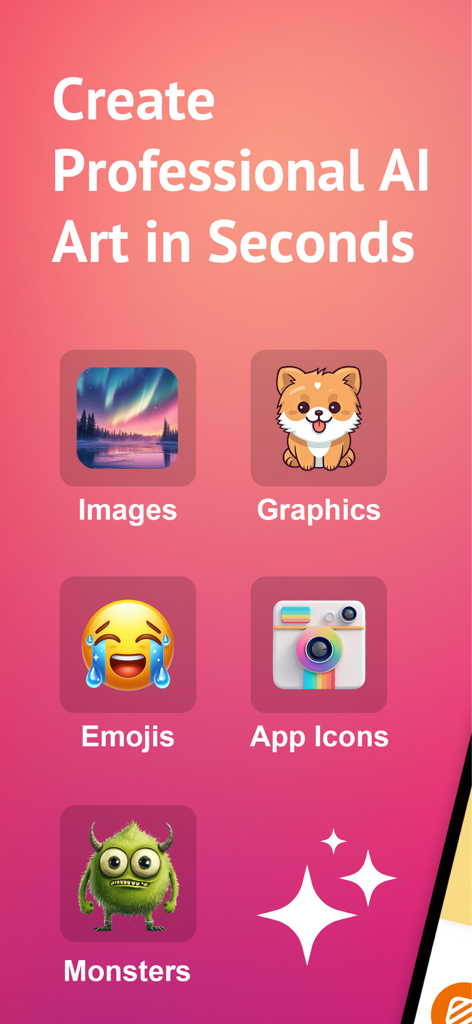AI Image Maker Pro: Fast & Fun - Interface showing various AI generation categories like images graphics emojis and app icons