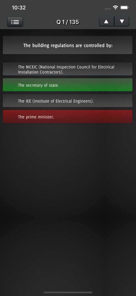 C&G 2393 Part P Exam Test - A mobile screenshot showing a multiple choice question about building regulations from the C&G 2393 Part P exam test app.