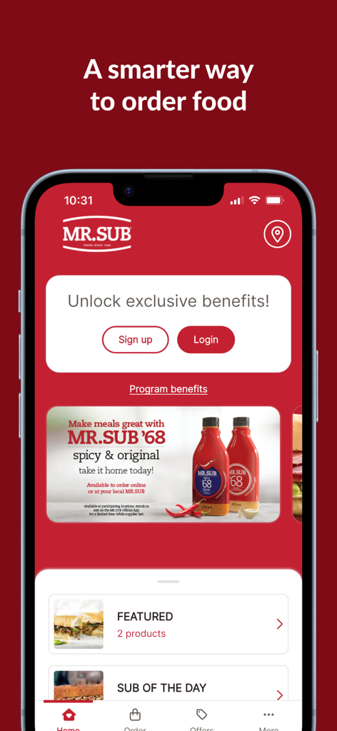 MR. SUB - Official - La pantalla de inicio de la app móvil MR. SUB con opciones de inicio de sesión, recompensas y menú de comida.