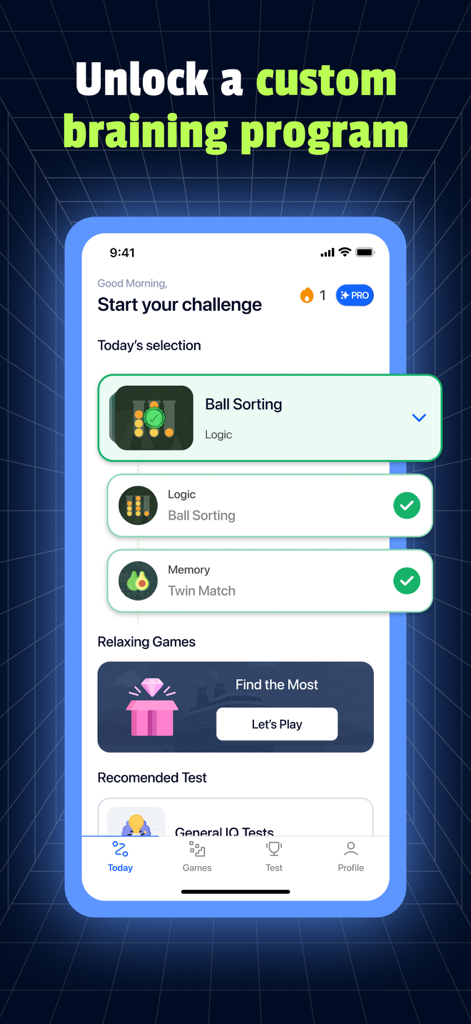 IQ Booster: Brain Games & Test - IQ Booster app screen showing a personalized daily brain training program with logic and memory games