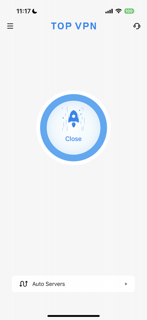 Main interface of Top VPN app showing a large one click connection button with a rocket icon