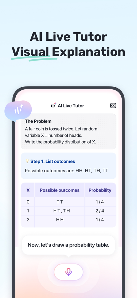 Gauth AI 라이브 튜터가 수학 문제에 대한 단계별 확률 분포표를 시각적으로 제공하는 모습