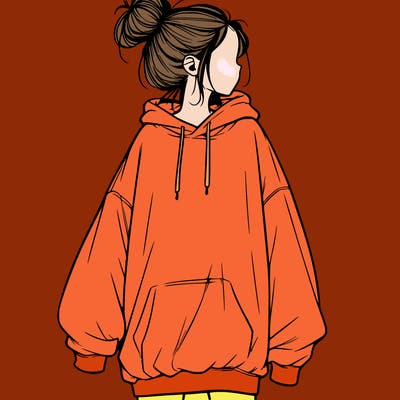 realistic girl with a oversized sweatshirt on and a bun