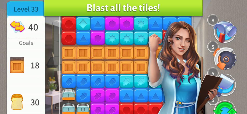 Gameplay-Bildschirm eines bunten Blast-Puzzle-Levels in Home Designer Makeover Games mit einer fröhlichen Figur und Design-Werkzeugen