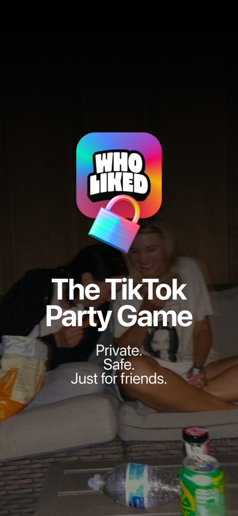 WhoLiked app splash screen featuring the text The TikTok Party Game and a colorful padlock icon over a background of friends socialising