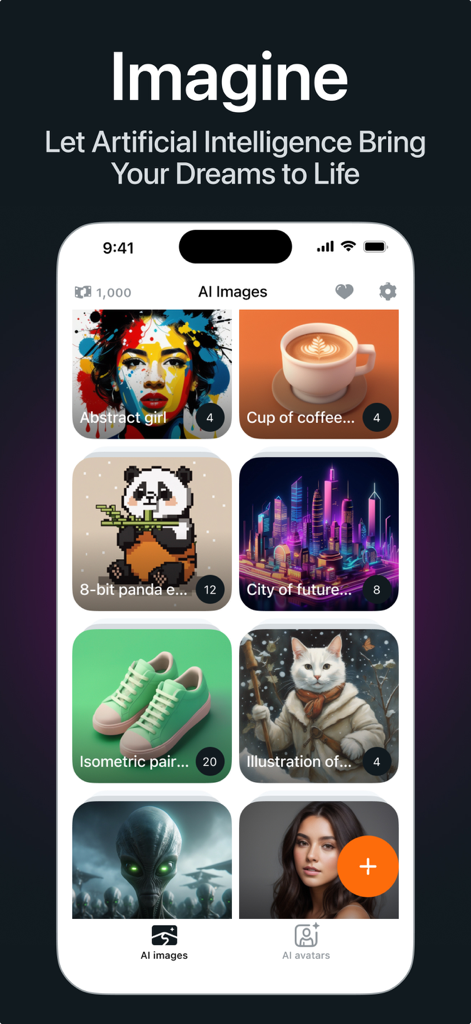 IM AI Avatar - New Profile Pic - Una pantalla de smartphone mostrando una galería de imágenes generadas por IA en diferentes estilos artísticos dentro de la app IM AI Avatar.