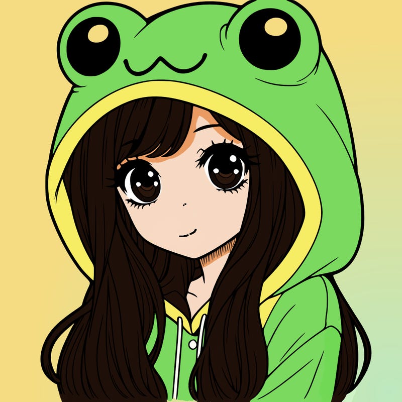 a pretty girl wearing a frog hoodie portrait with long hair