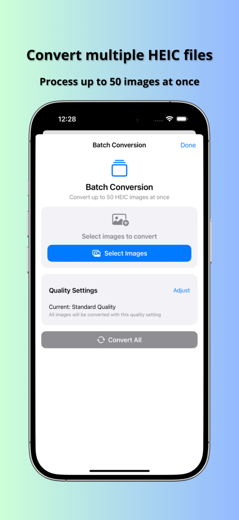 iPhone screen showing the batch conversion feature for processing up to 50 HEIC images at once
