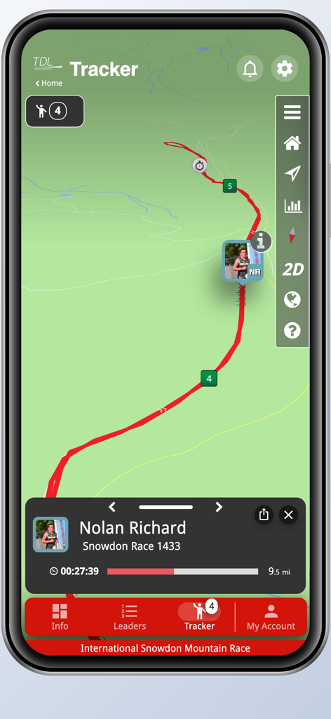 TDL Event Services - Mobile app interface showing live GPS tracking of a runner on an interactive course map during a race