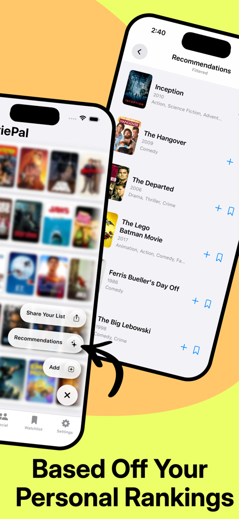 MoviePal - Find Movies & Shows - Interfaz de la aplicación MoviePal mostrando una lista de recomendaciones de películas basadas en rankings personales.