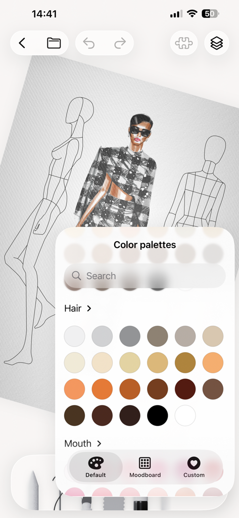 Fashion design app interface showing color palettes over a digital sketch