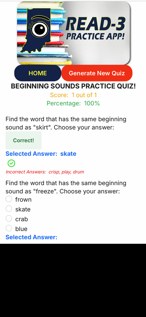 iRead-3 Practice App - Screenshot of the iRead-3 Practice App showing a beginning sounds quiz for Indiana students
