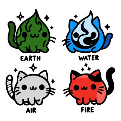 4 cats that represent the different elements, earth, water, air, and fire