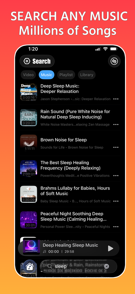 Offline Player: Music & MP3 - Offline Player app interface showing search results for sleep music and ambient sounds with a massive library access.