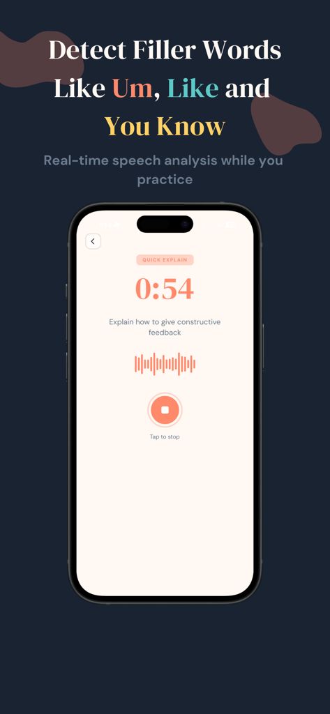 Unscripted: Articulation Coach - Unscriptedスピーチコーチングアプリのリアルタイムフィラーワード検出インターフェース。