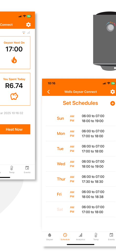 Sensor Connect app interface showing smart water heater heating schedules and daily energy usage tracking
