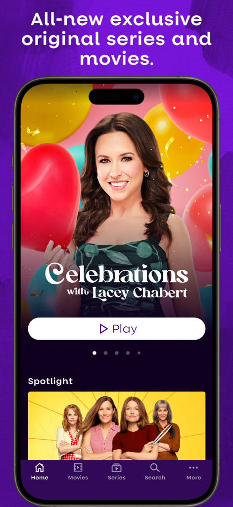 Hallmark plus mobile app home screen featuring the series Celebrations with Lacey Chabert and a spotlight on movies and series