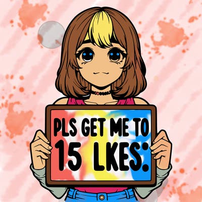 realistic girl holding up a sign that says “pls get me to 15 likes!”