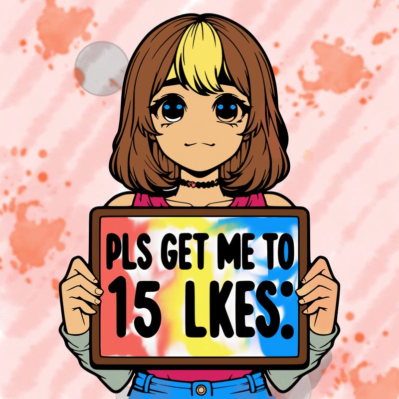 realistic girl holding up a sign that says “pls get me to 15 likes!”