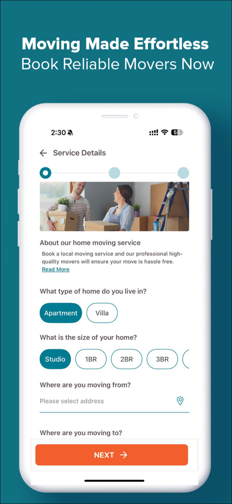 Mobile screen of ServiceMarket app showing the home moving booking form with options for apartment or villa.
