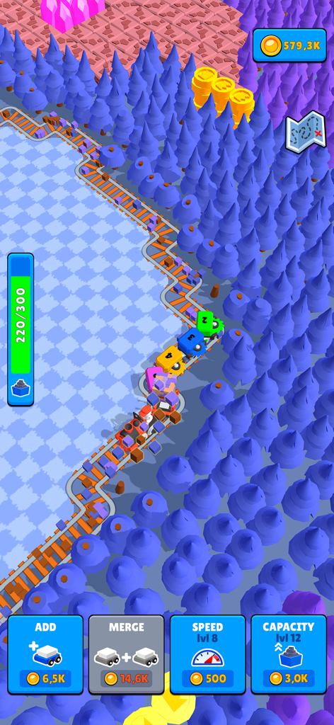 Um comboio com carruagens coloridas numeradas a viajar nos trilhos através de uma floresta azul estilizada com menus de atualização