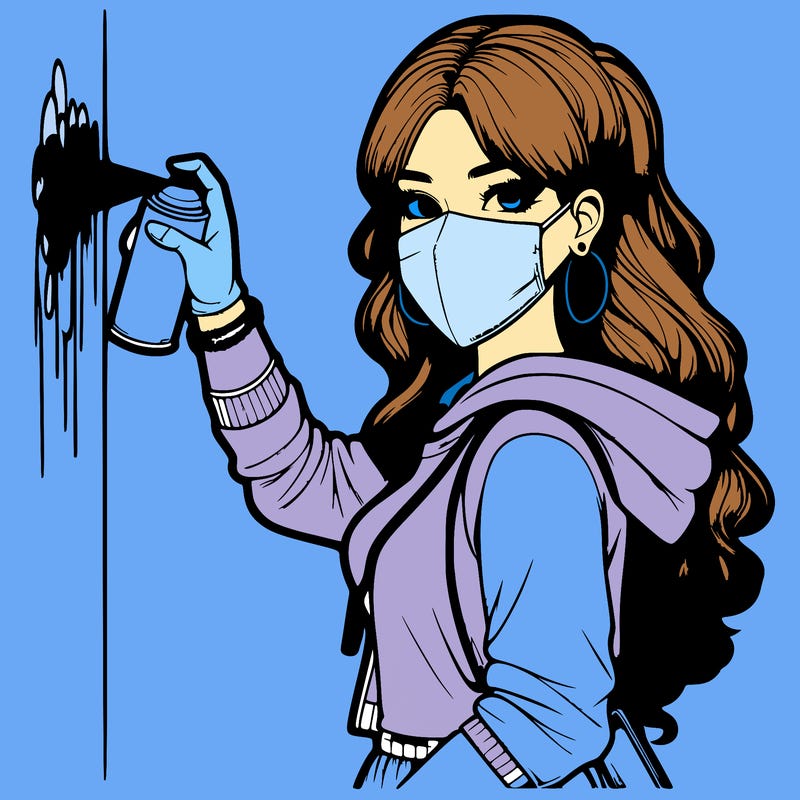 realistic girl with mask spray painting a wall