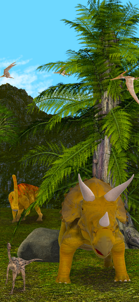 Dinosaurs & Ice Age Animals - A large yellow triceratops and flying pteranodons in a lush prehistoric jungle with ferns and mountains