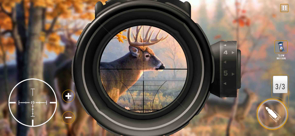 Wild Animal Deer Hunting Game - Sniper rifle scope aiming at a large buck in a wild animal deer hunting simulation game