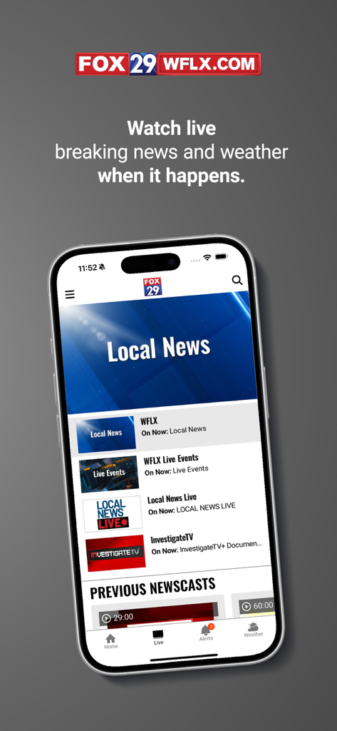 WFLX FOX 29 mobile app interface featuring live local news and weather alerts